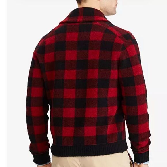 POLO RALPH LAUREN Men's Iconic Red Black Plaid Cardigan Blue label - Picture 2 of 9